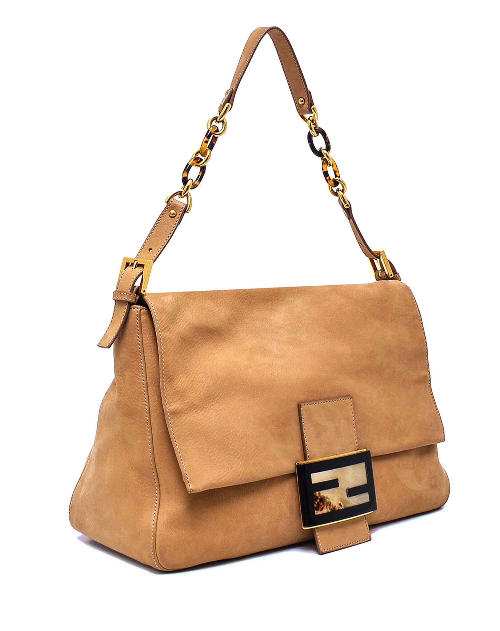 Fendi - Beige Nubuck Leather FF Bone Chain Hobo Bag 